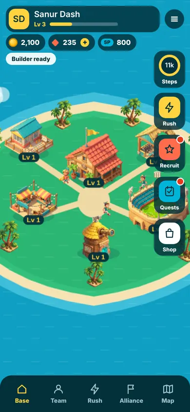 Your MoveClash sports city, with buildings to upgrade and your steps ring