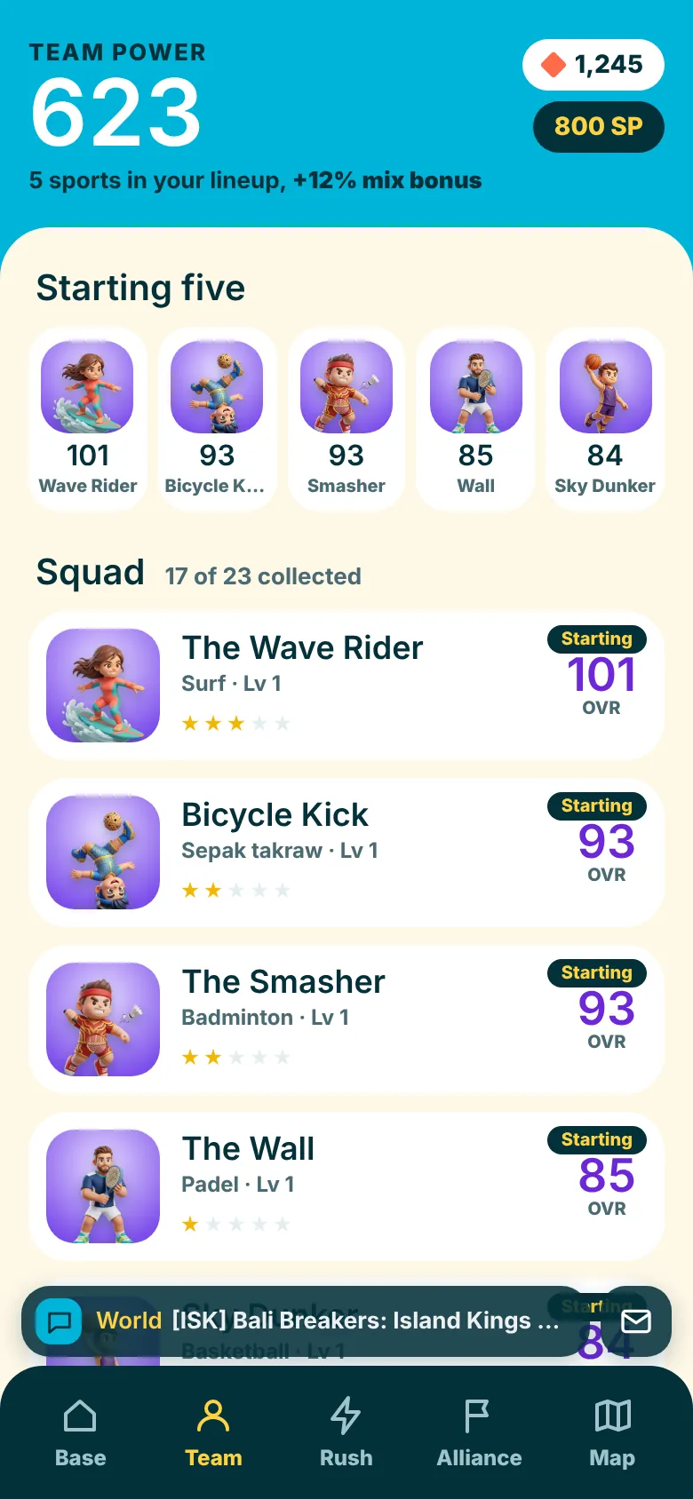 Team screen with five athletes